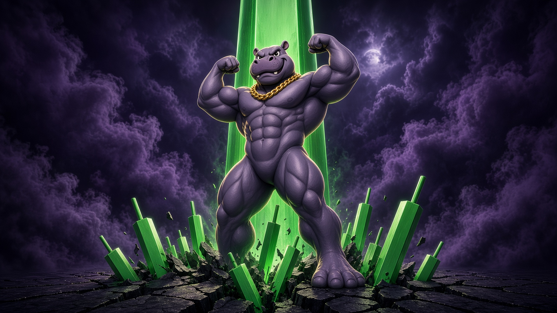 PUMPPO flexing above a cracked field of green candles